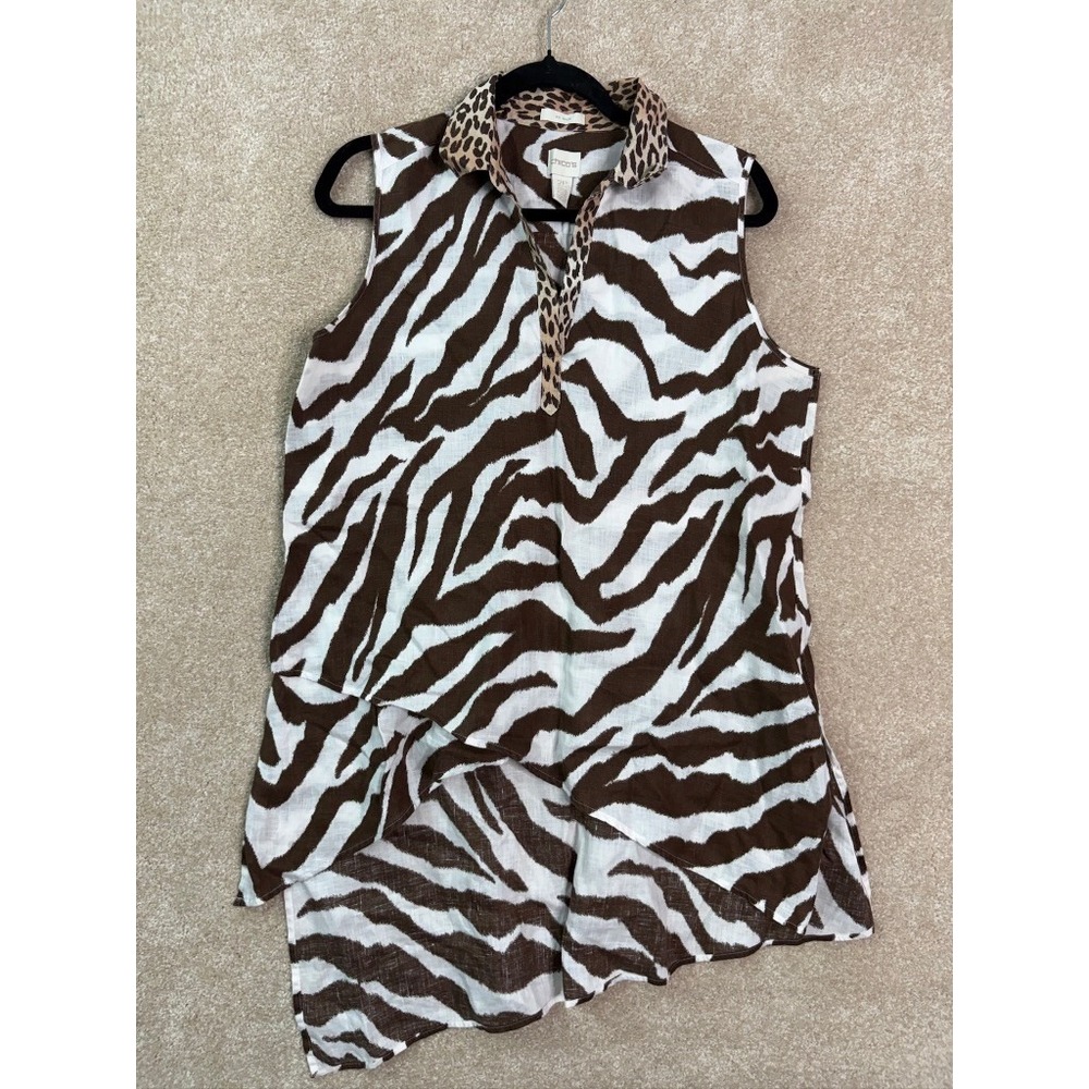 CHICO'S No-Iron Linen Tunic Top Chico's Size 2P US L Petite Size 12 Brown
